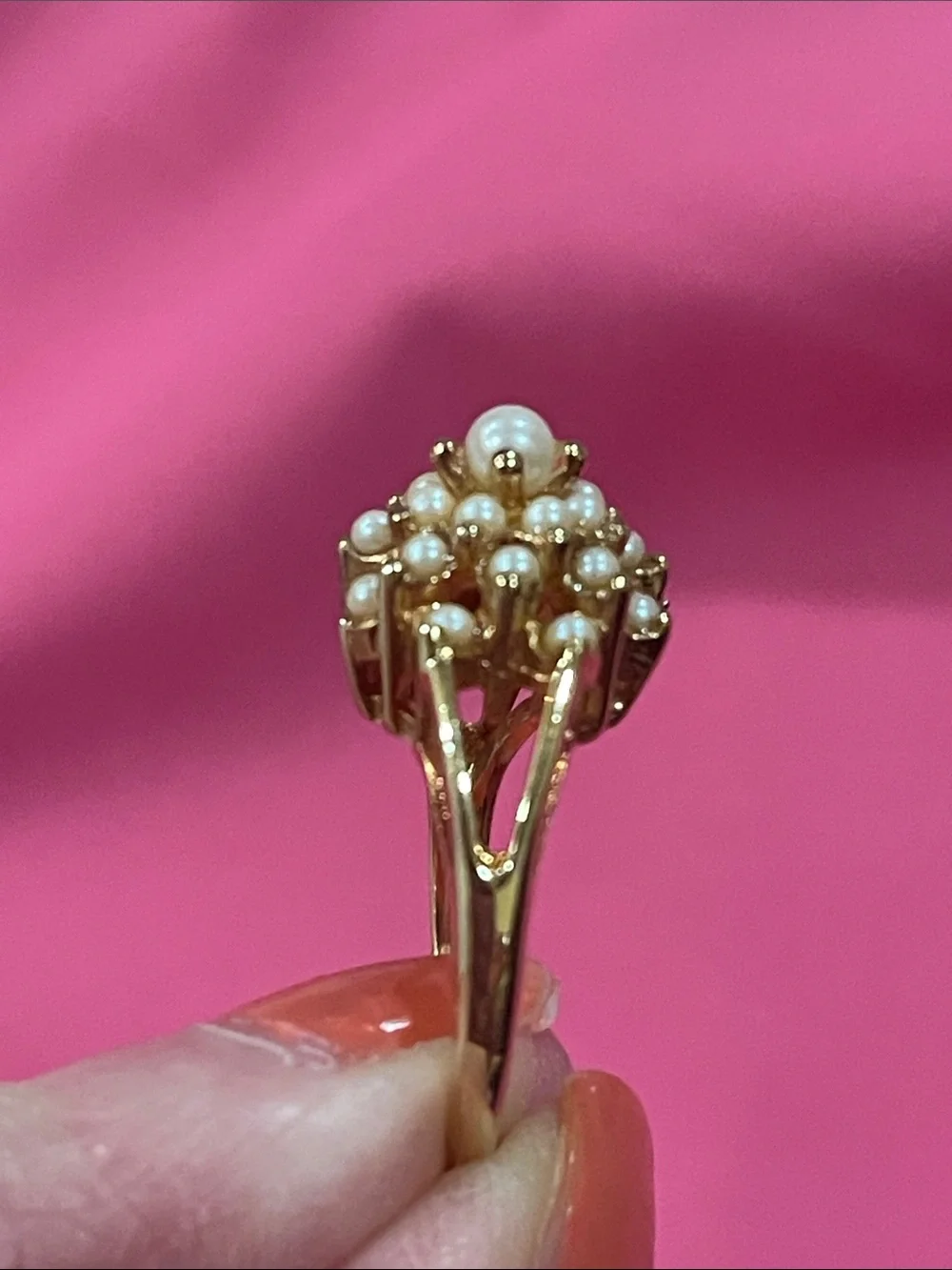 Pearl 18K Gold Filled Stamped Cluster Vintage Cocktail Ring with Creamy Pearls